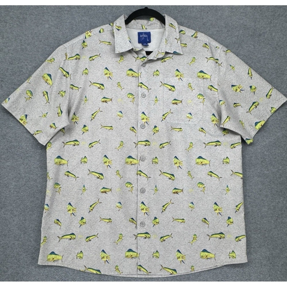 Guy Harvey Mahi Mahi Fishing Shirt Large Gray Dolphin‎ Fish Button Up
